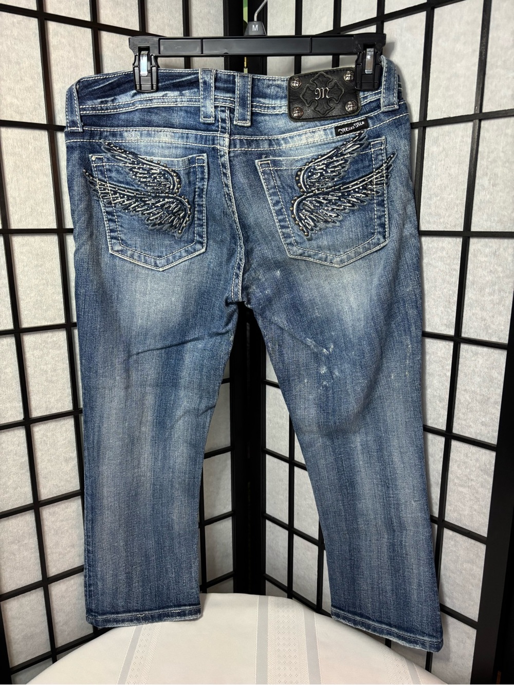 Miss Me Wing-Embellished Distressed Blue Cropped/Capri Jeans - Size 29